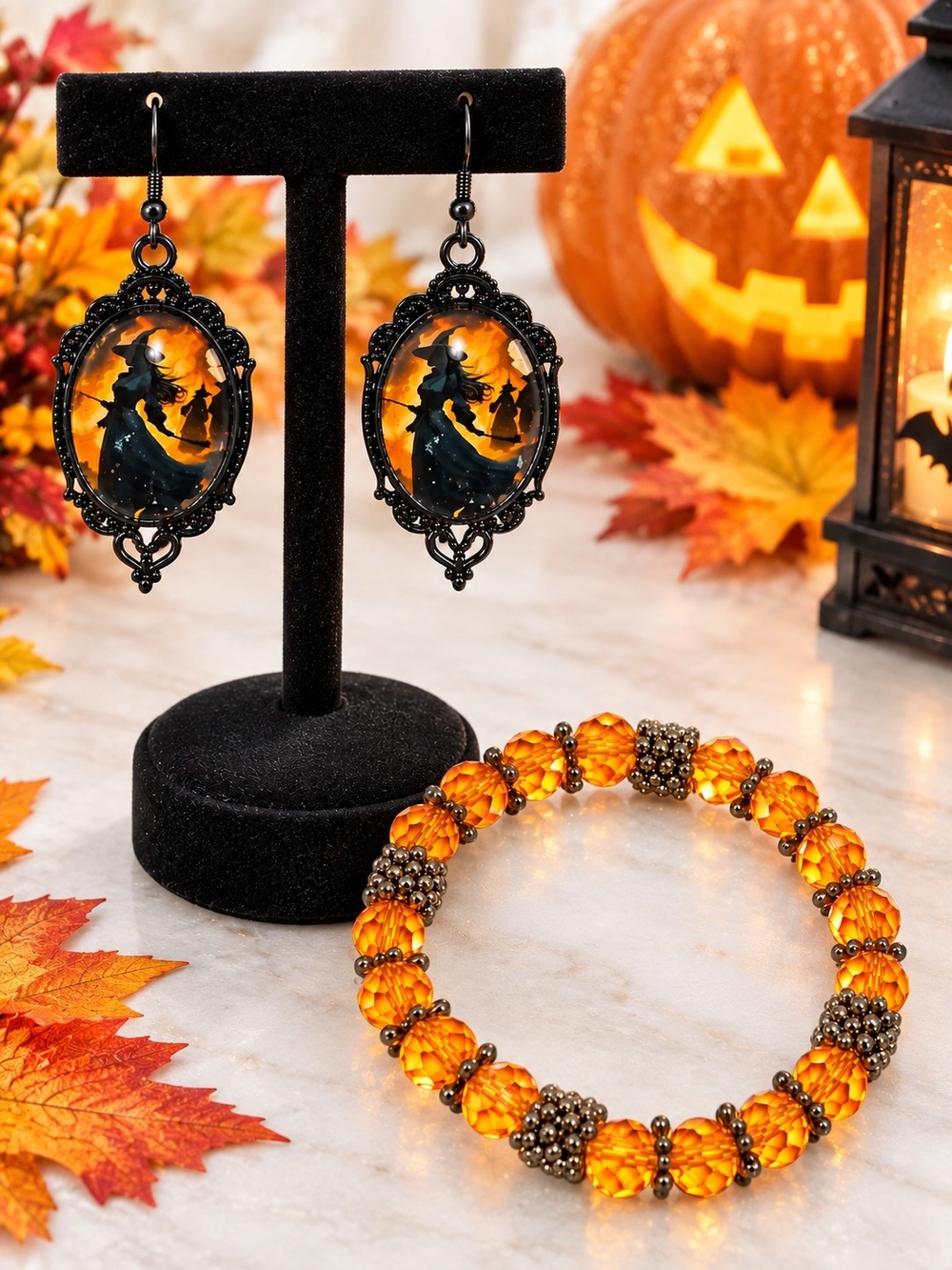 Halloween Witch Cameo Black Frame Earrings & Orange Glass Bead Bracelet Set